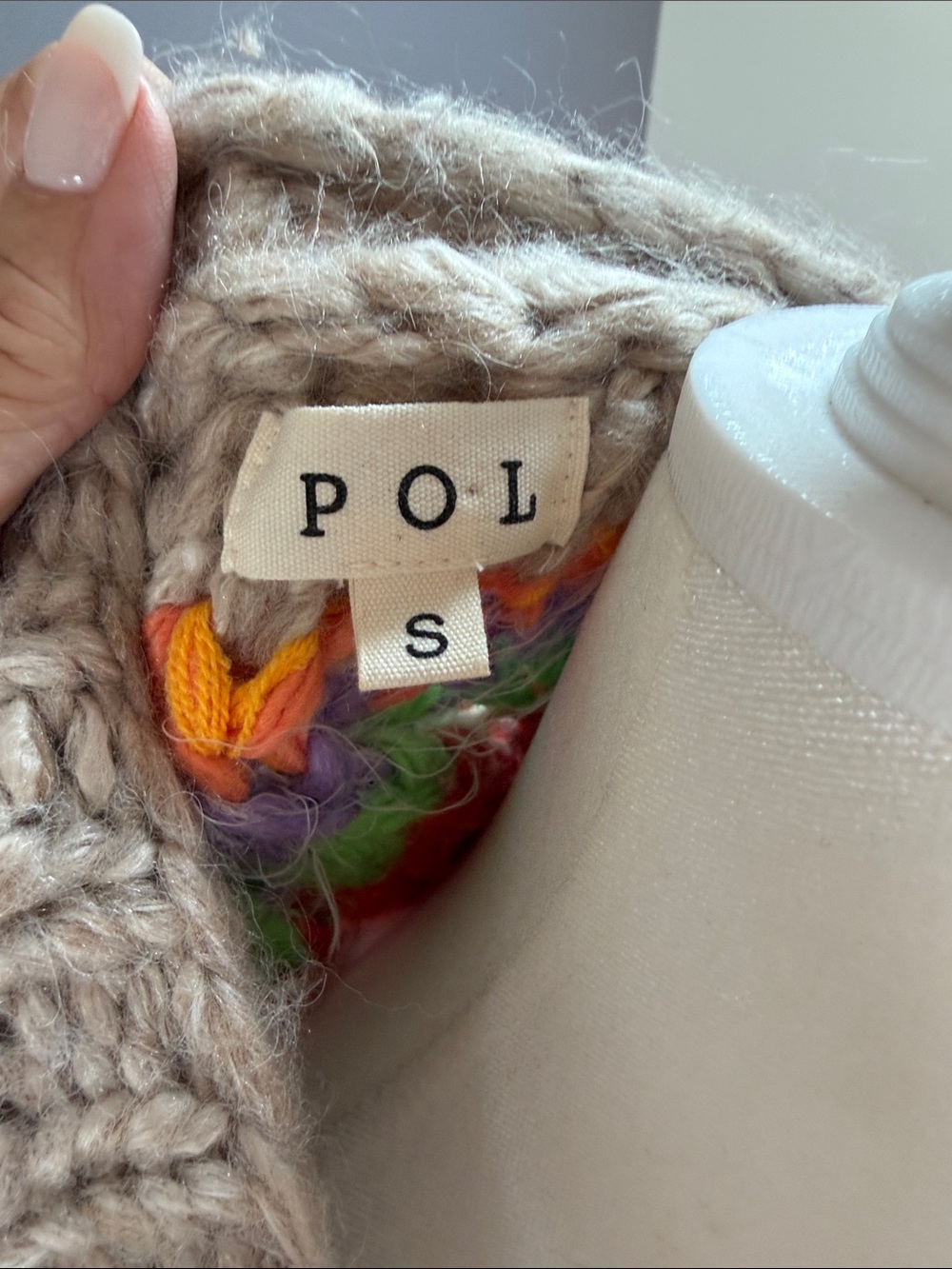 POL Chunky Beige Cardigan with Bright Orange, Teal, Green & Purple Accents - Picture 5 of 7